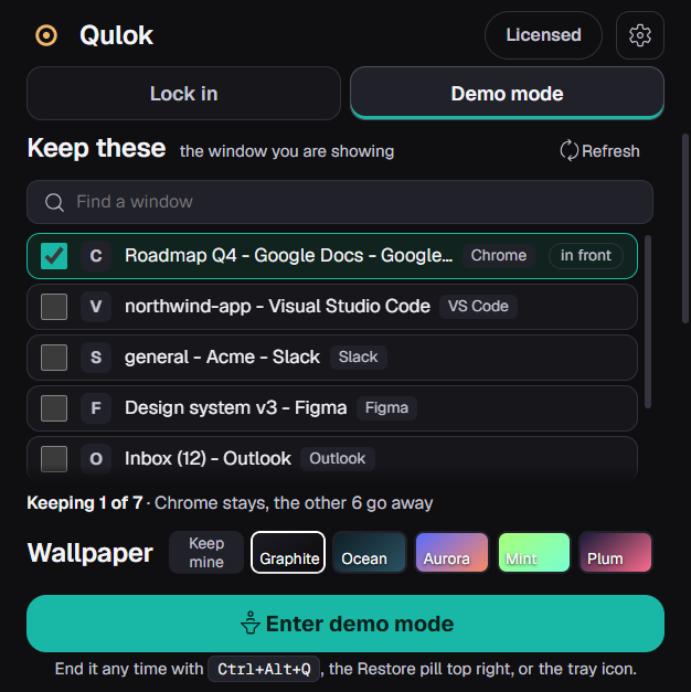 The Qulok launcher on the Demo mode tab: one window kept, and a row of wallpapers to show while demo mode is on