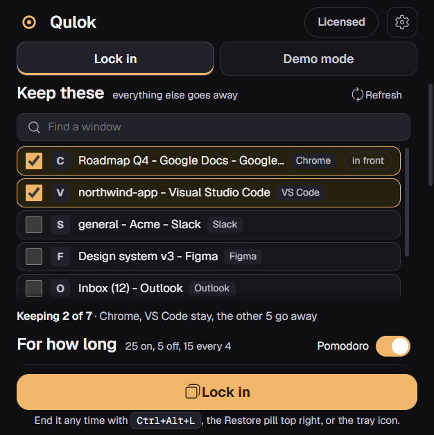 The Qulok launcher on the Lock in tab: two of seven windows ticked to keep, and a Pomodoro timer of 25 on, 5 off and a 15 minute long break every 4 rounds